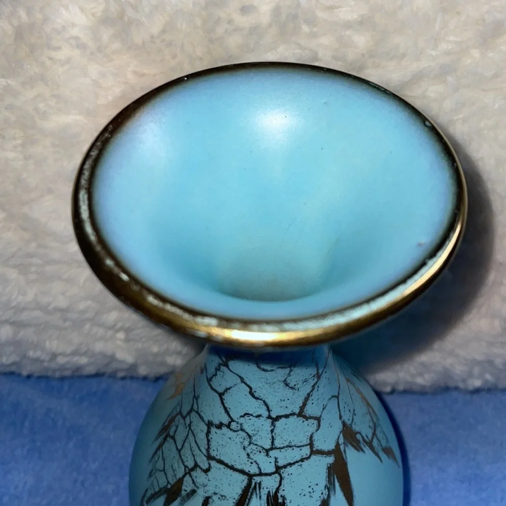 Vintage German Turquoise & Gold Ceramic Vase.  1930’s - Picture 3 of 5